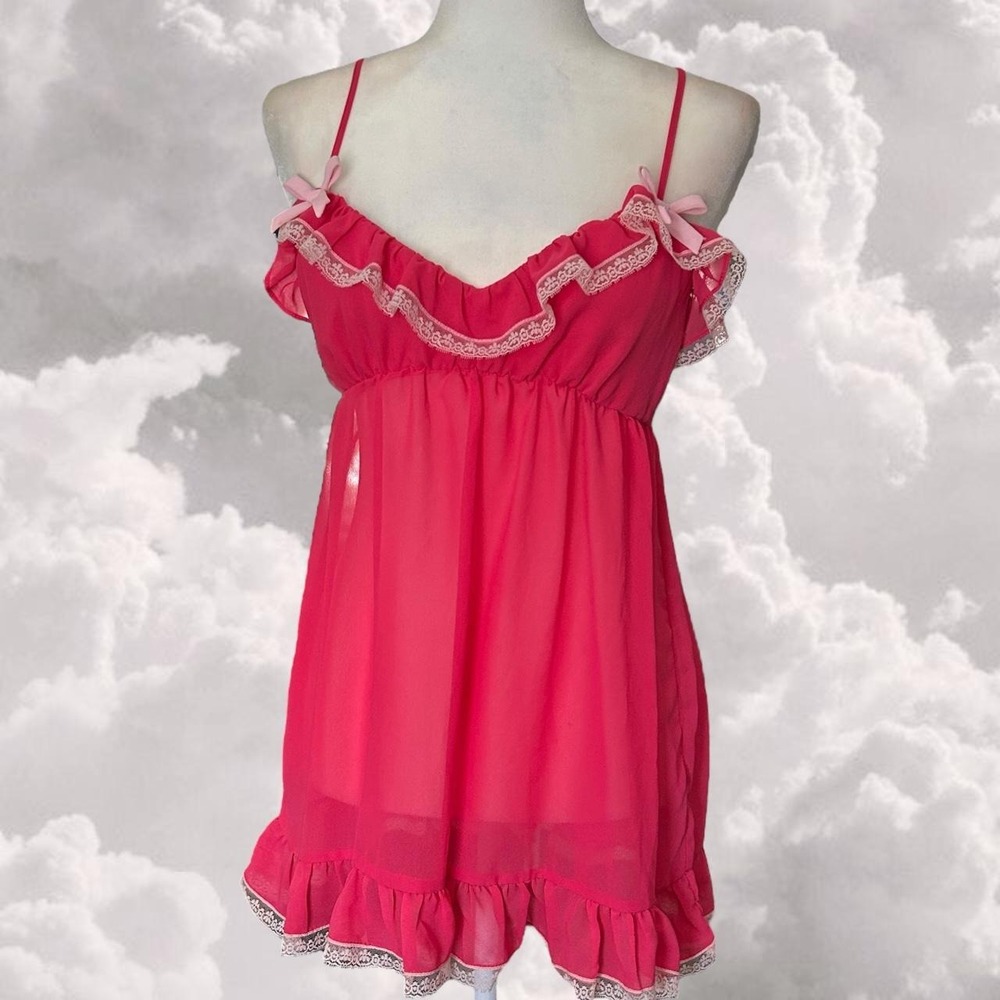 Flora Nikrooz Pink Babydoll Teddy Dress Lace Bow Coquette Size S